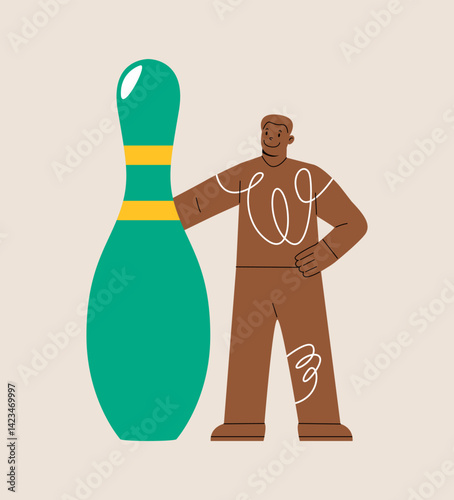 Man holding huge pin for bowling game. Colorful vector illustration