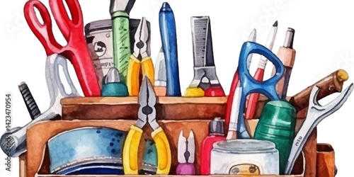 Watercolor illustration of a filled tool box, full of various tools.