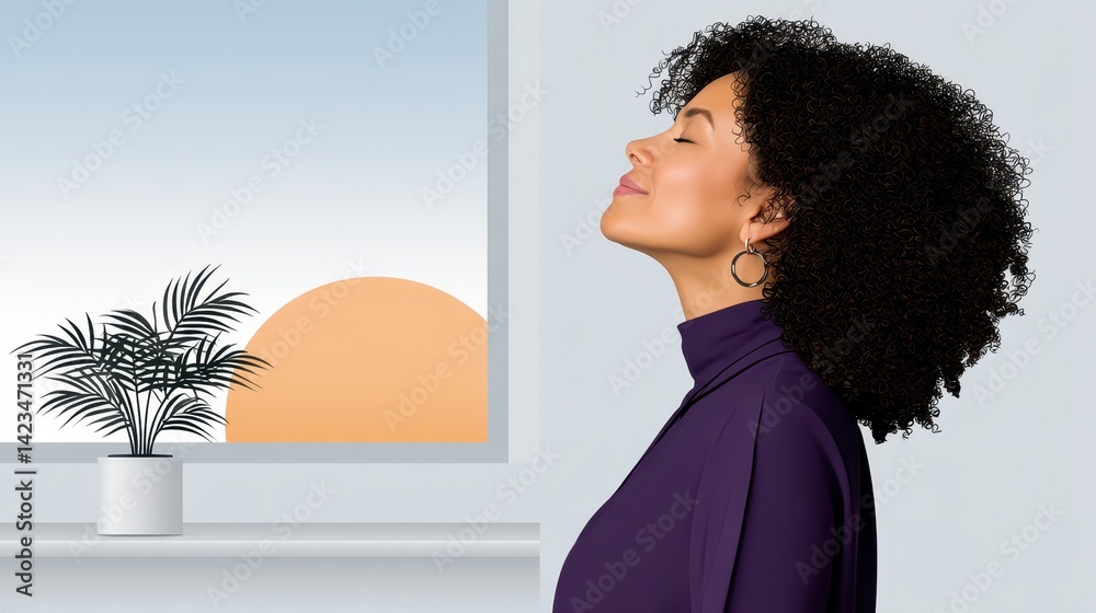Serene Woman with Curly Hair Taking a Moment of Peace in Minimalist Interior