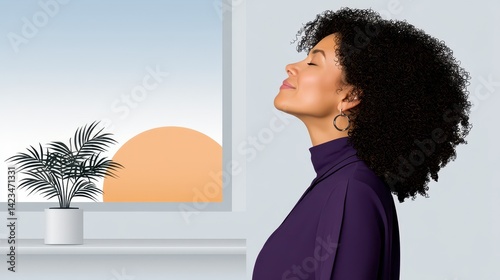 Serene Woman with Curly Hair Taking a Moment of Peace in Minimalist Interior