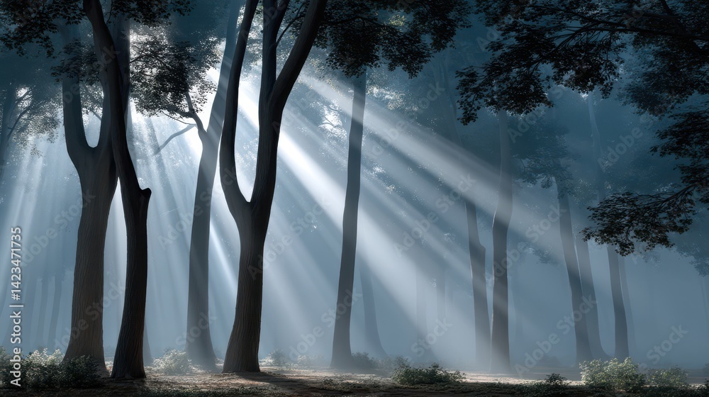 Sunbeams Streaming Through a Misty Forest