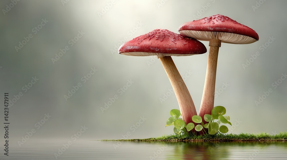 Two Red Mushrooms by Water Reflection in Misty Forest