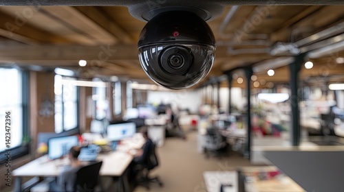 Modern open plan office interior with multiple workstations, desktop computers, and employees working, featu a prominent black security camera overhead