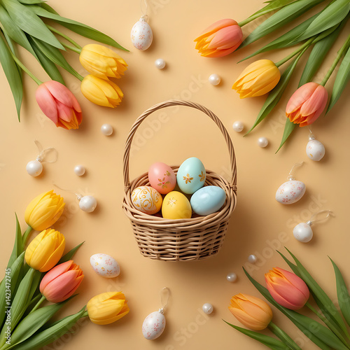 Easter eggs, pastel colors, bunny ears, yellow background, spring celebration, decorative eggs, festive arrangement, whimsical design. photo