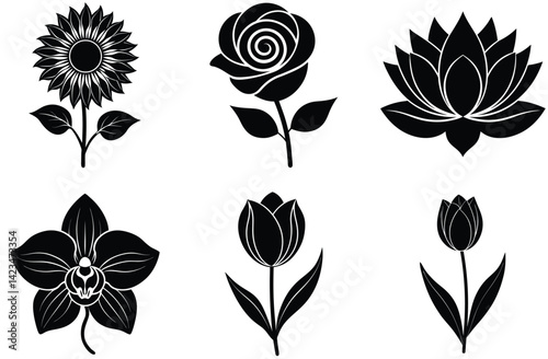 Vector black silhouettes of spring flowers (tulips, narcissus and iris, lotus, rose, sunflowers) isolated on a white background.