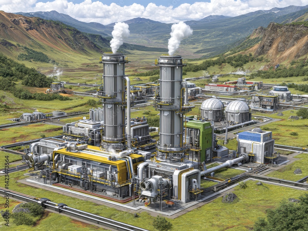 Aerial View of Geothermal Power Plant in Mountainous Valley