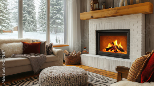 Cozy winter living room with fireplace, snow outside, and warm decor