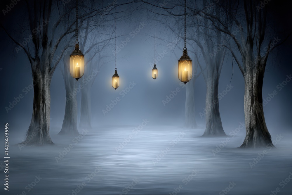 Dark Foggy Forest Path with Hanging Lanterns at Night