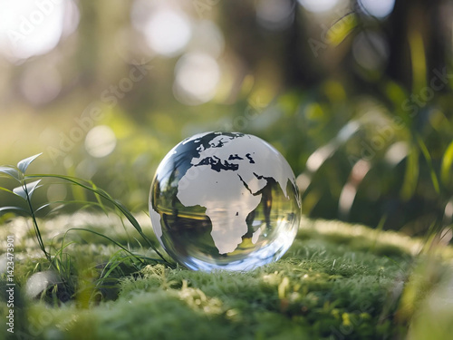 Glass globe in the forest with green grass and flowers in the background