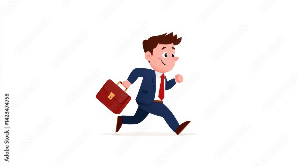 Cartoon Businessman Running Energetically with Briefcase in a Professional Office Environment Cartoon Businessman Running Energetically with Briefcase in a Professional Office Environment