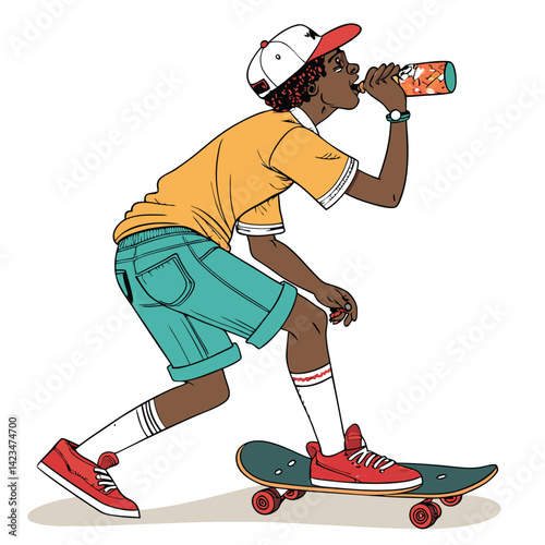 A relaxed skater effortlessly cruises on a boat, casually sipping a soda; sunny day, vibrant colors.