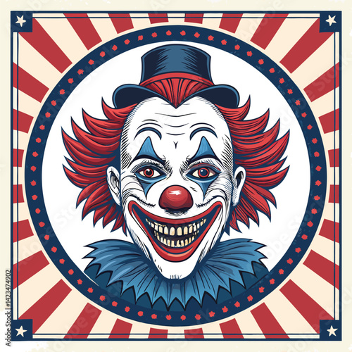 A terrifying close-up of a clown monster's head, featuring four unsettling eyes and prominent stitched seams. Render in dark, gritty detail.