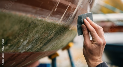 Close-up of hand sanding mossy boat hull for restoration