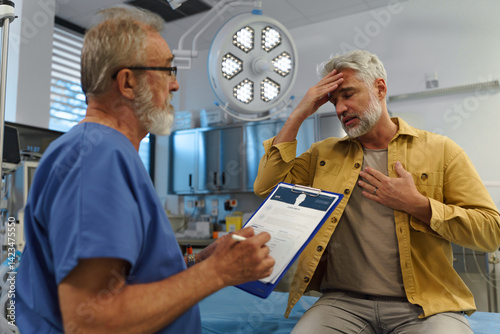 Patient sitting on examination table, describing symptoms to doctor.