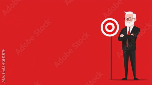 Confident Businessman Standing Next to Target Symbol Against Bold Red Background