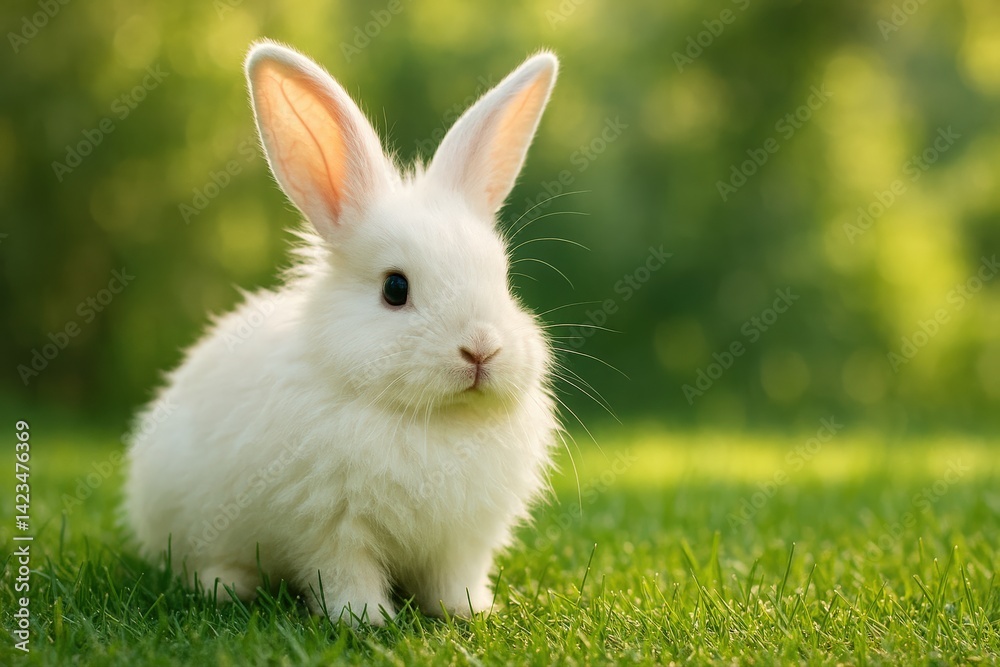 Obraz premium Adorable White Bunny Rabbit Sits on Lush Green Grass, a Charming Springtime Image Evoking Easter, Innocence, and the Joy of New Beginnings