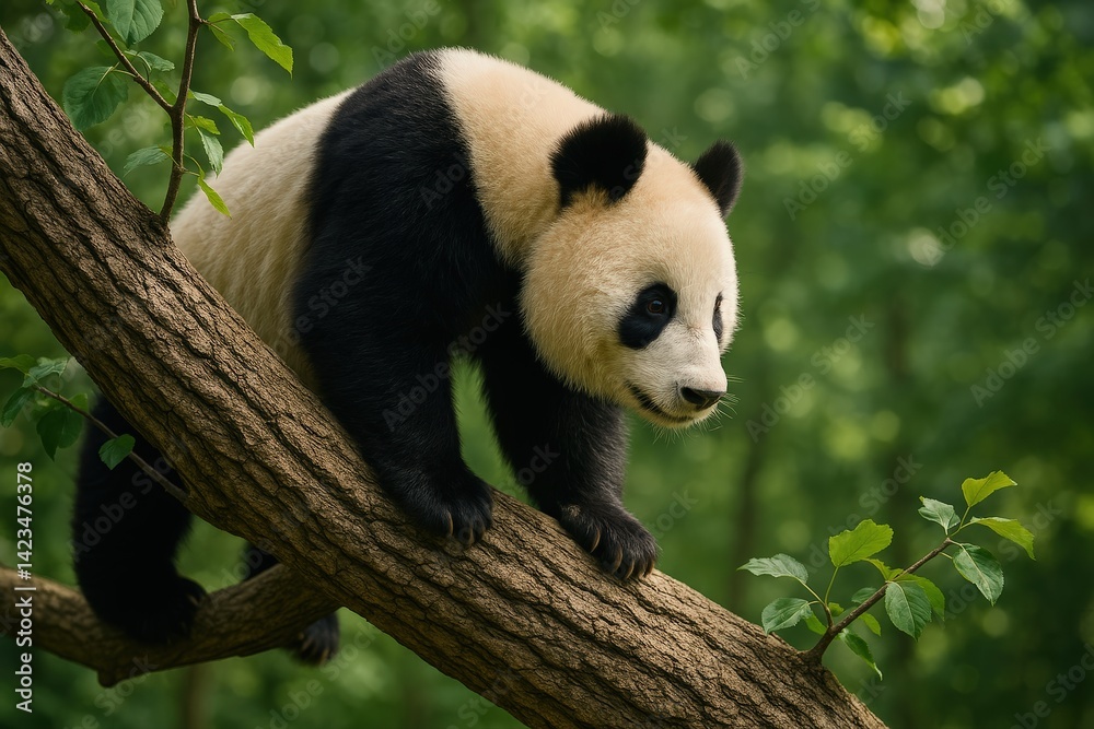 Obraz premium Adorable Panda Bear Climbing Across a Tree Branch in a Dense Green Forest, Captured in a Simple yet Captivating Composition.