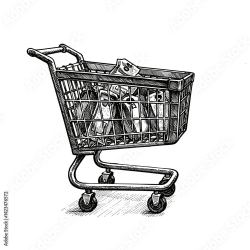 Shopping cart filled with groceries in a sketch style  