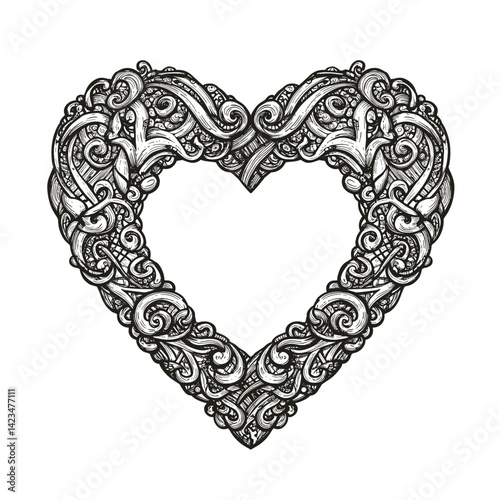 Ornate heart design in intricate black and white style  