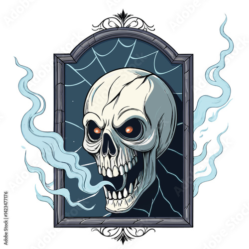 Ethereal, ghostly monster head; hollow, dark eyes; wisps of smoke emanate, creating a haunting, spectral effect.  High detail, digital painting.