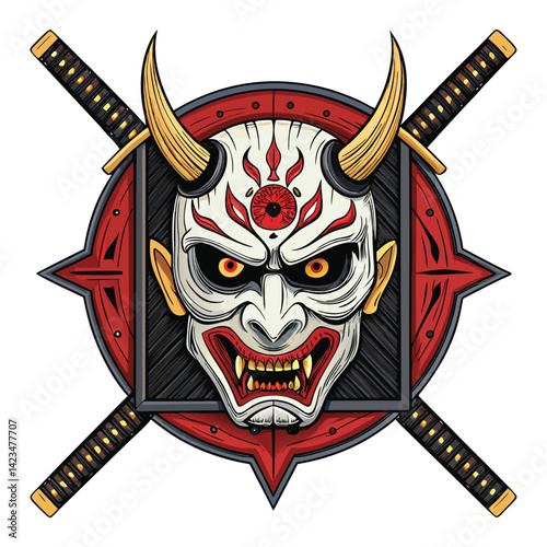 A terrifying, detailed illustration of a ghostly samurai demon's cracked oni mask, revealing a spectral face beneath.  Focus on texture and dramatic lighting.