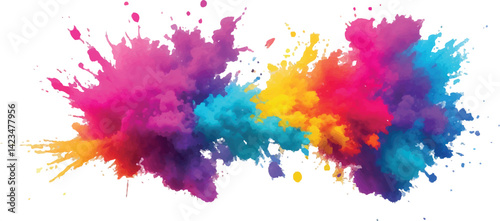 "Dynamic and Trendy Watercolor Art: A Bold Display of Vibrant Brush Strokes, Rainbow-colored Splatter, and Aquarelle Stains, Perfectly Set Against a Clean White Canvas for a Modern Artistic Touch"
