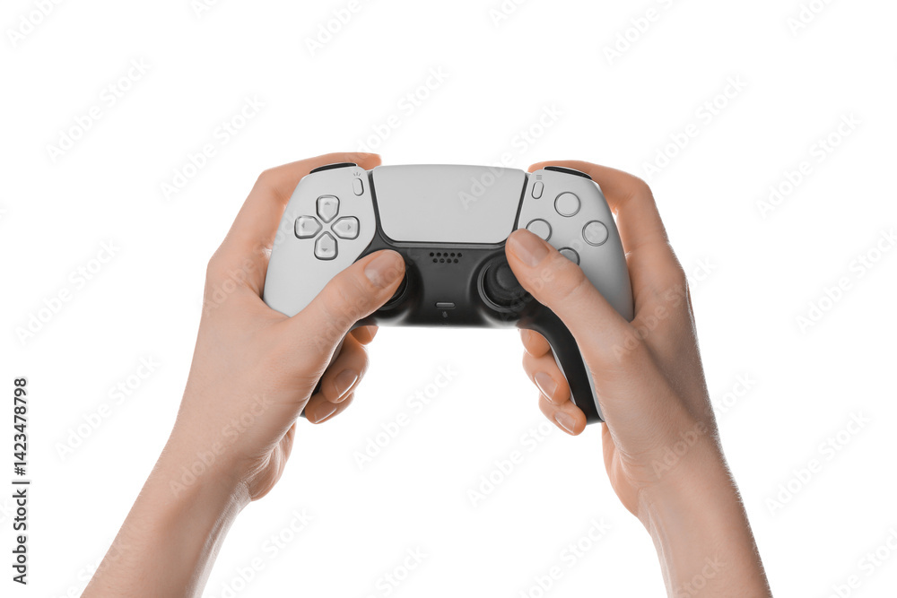 Woman with wireless game controller on white background, closeup