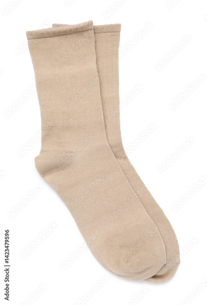 Pair of beige socks isolated on white, top view Pair of beige socks isolated on white, top view
