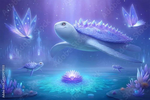 A fantasy scene of ocean guardians made of water and light protecting sea creatures in a glowing reef photo