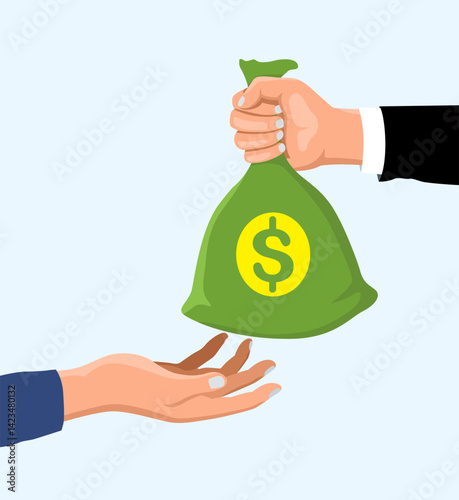 Illustration Of Hands Exchanging Green Dollar Bill for Payment or Donation	
