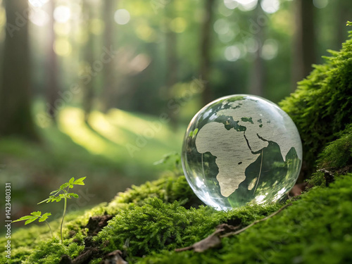 Glass globe with the image of the planet earth on green moss in forest