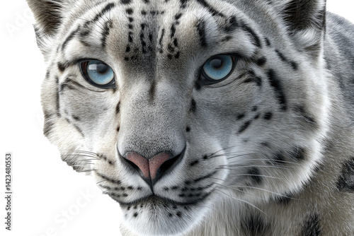 focused snow leopard portrait, piercing blue eyes, spotted fur, perfectly centered and fully isolated on a plain 