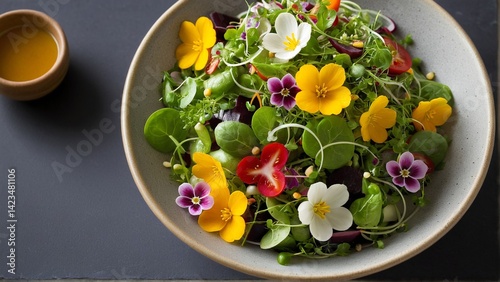 Vibrant Edible Flower Salad: A Delightful Medley of Colors and Flavors, Bursting with Freshness and Natural Beauty.