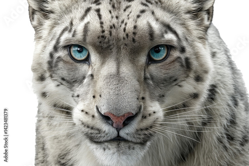 focused snow leopard portrait, piercing blue eyes, spotted fur, perfectly centered and fully isolated on a plain 