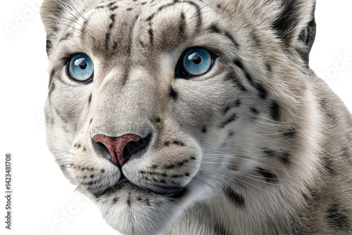 focused snow leopard portrait, piercing blue eyes, spotted fur, perfectly centered and fully isolated on a plain 