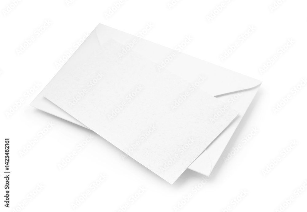 Blank greeting card and paper envelope on white background, above view Blank greeting card and paper envelope on white background, above view