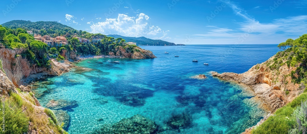 Naklejka premium Coastal village cove, turquoise water, boats, travel brochure