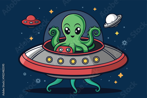 A surreal depiction of a multi-armed alien octopus piloting a complex, multifaceted spaceship through a nebula.