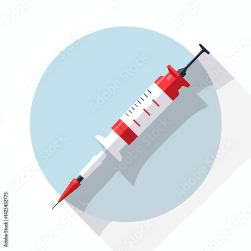Child vaccination syringe illustration on blue circle background copy space