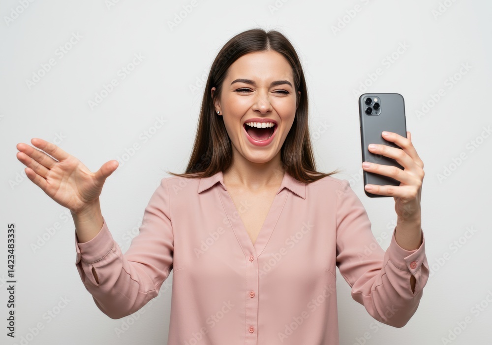 Portrait of a Cheerful Young Woman Taking a Selfie with Her Smartphone While Laughing, Wearing a Light Pink Shirt and Standing Against a Plain White Background
Portrait of a Cheerful Young Woman Taking a Selfie with Her Smartphone While Laughing, Wearing a Light Pink Shirt and Standing Against a Plain White Background