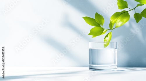 Wallpaper Mural A fresh green leaf in a clear glass of water on a white surface, soft sunlight casting shadows, and minimalist and serene composition. Torontodigital.ca