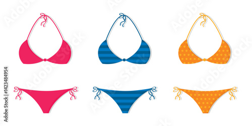 three bikinis with different patterns isolated vector illustration