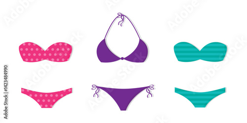 three bikinis with different patterns isolated vector illustration
