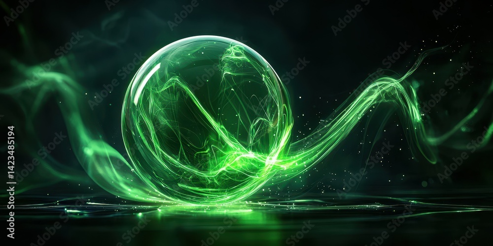 Fototapeta premium A luminous green orb surrounded by swirling mist and energy.