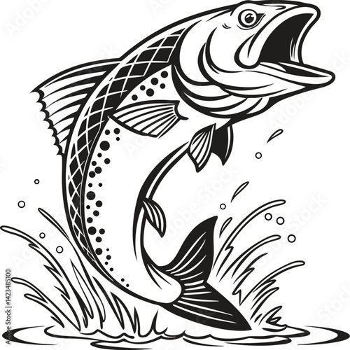 Jumping Fish Silhouette Vector Illustration with Splash in Black and White