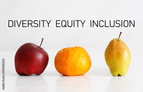 DEI diversity, equity and inclusion symbol. Words DEI, diversity, equity, inclusion appearing on a table. Business, diversity, equity, inclusion concept