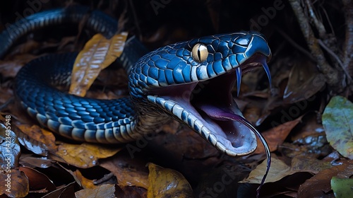 Aggressive Snake Opening Mouth Showing Fangs and Tongue in Leaf Litter