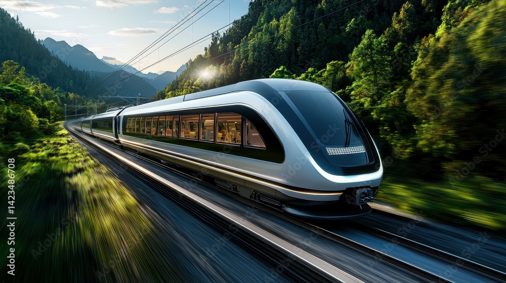 Naklejka premium Sleek modern train speeding through a lush green landscape with mountains in the background.