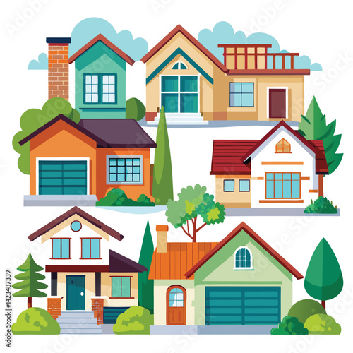Collection of Colorful Suburban Houses and Landscaping