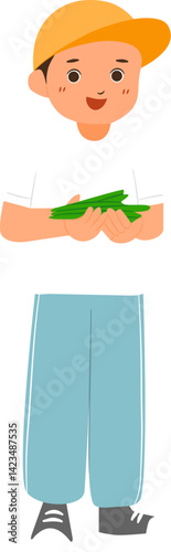 Student boy holds some vegetables